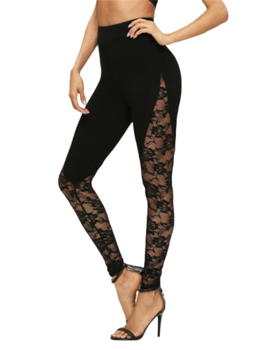 Womens Lace Hollow Leggings Floral Plus Size Sexy Pants Lace Insert Sheer Leggings - XX-Large Black 2