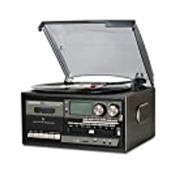 LoopTone Vinyl Record Player 9 in 1 3 Speed Bluetooth Vintage Turntable CD Cassette Player AM/FM Radio USB Recorder Aux-in RCA Line-Out (Black Edition)