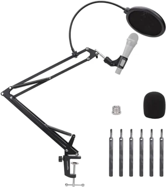 Amazon Basics Heavy-Duty Microphone Desk Arm Stand All-in-One Kit, with Adjustable Boom, Pop Filter, and Windscreen, for Blue Yeti, Snowball, Shure, Audio-Technica, and other Mics - 14 inch - 14 inch
