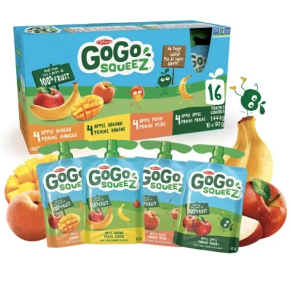 GoGo squeeZ Unsweetened Applesauce Pouches, Variety Pack (Apple/Apple Peach/Apple Mango/Apple Banana Flavours), No Sugar Added - 1,440 Grams (16 Pouches of 90 Grams)