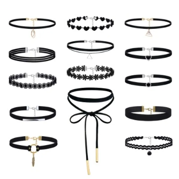 Adramata 14 Pcs Black Velvet Choker Necklaces for Women Layered Collar Necklace Star Triangle Circle Pendants Chokers Adjustable