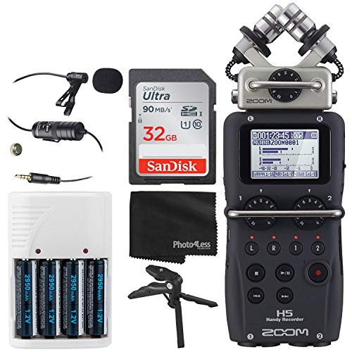Zoom H5 4-Input / 4-Track Portable Handy Recorder with Interchangeable X/Y Mic Capsule + 32GB Memory Card + Lavalier Condenser Microphone + 4 AA Batteries & Charger + Tabletop Tripod/Handgrip