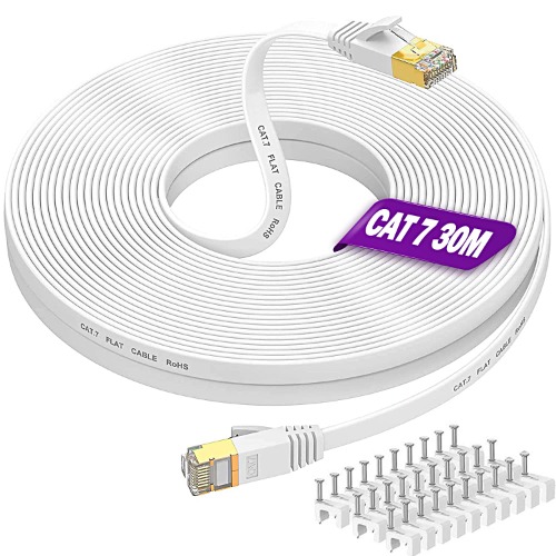 Cable Ethernet 30m, Câble Rj45 Cat 7 30 Mètres Blindé Plat Haut Débit Fibre 10Gbps 600MHz Cable Réseau Gigabit Câbles Internet Très Long Cable Lan Blanc pour Switch, Ps4, Routeur, Modem, Smart TV