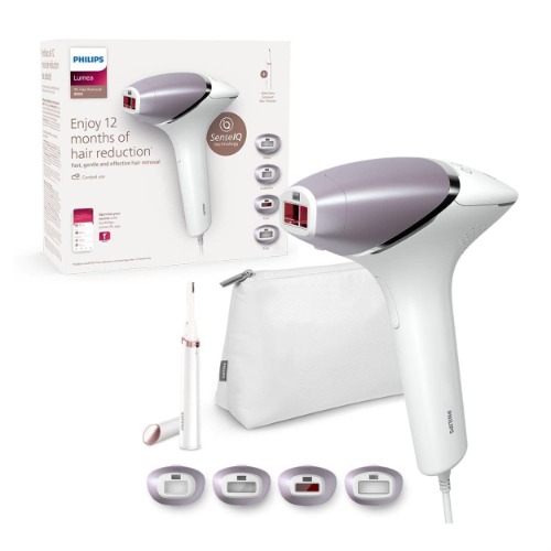 Philips Lumea Épilateur à lumière pulsée Série 8000 - épilateur avec technologie SenseIQ, 4 embouts et tondeuse-stylo Satin Compact, utilisation filaire (modèle BRI949/00)
