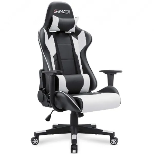 Homall Gaming Chair Office Chair High Back Computer Chair Leather Desk Chair Racing Executive Ergonomic Adjustable Swivel Task Chair with Headrest and Lumbar Support (White)