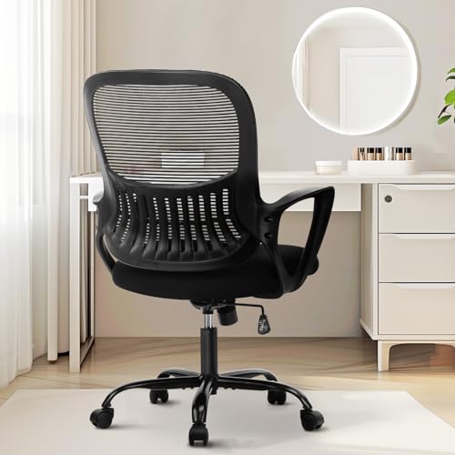 Sweetcrispy Office Computer Desk Managerial Executive Chair, Ergonomic Mid-Back Mesh Rolling Work Swivel Chairs with Wheels, Comfortable Lumbar Support, Comfy Arms for Home,Bedroom,Study,Student,Black - Black - Modern