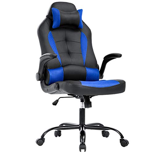 Gaming Chair Office Chair Desk Chair with Lumbar Support Flip Up Arms Headrest PU Leather Swivel Rolling Adjustable High Back Racing Computer Chair for Women Men Adults,Blue - Blue
