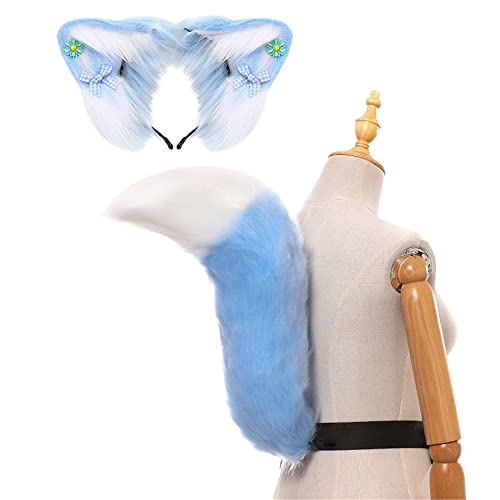 LittleLuluda Faux Fur Fox Wolf Ears Headband Animal Tail Cosplay Costume Halloween Party Costume Accessories - Blue