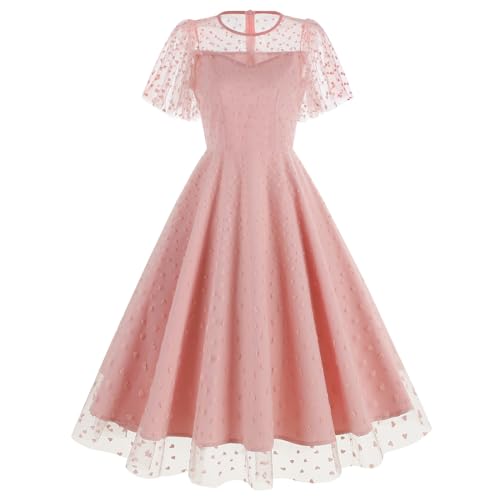 IBTOM CASTLE Women's 1950s Vintage Dress Short Sleeve Heart Print Mesh Retro Evening Prom Cocktail Party Swing A Line Dress - Medium - Pink-pink Heart