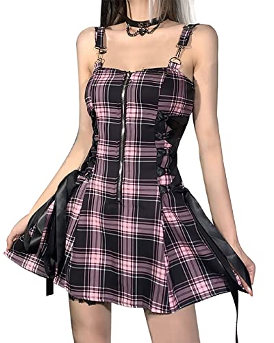 TSMNZMU Womens Gothic Plaid Mini Dress Punk High Waist Halter Dresses Y2K Zipper Mall Goth Grunge Emo Dress - 01-pink Plaid Dress - Small
