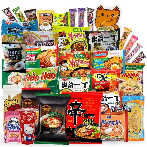 Variety Asian Instant Ramen Bundle, Samyang, Mee-Jang, Mama, Hai Tom, Mi Sedaap | Sardines & Free Snacks Included | 12 Packs | Student Care Package, Birthday Treat for Adults