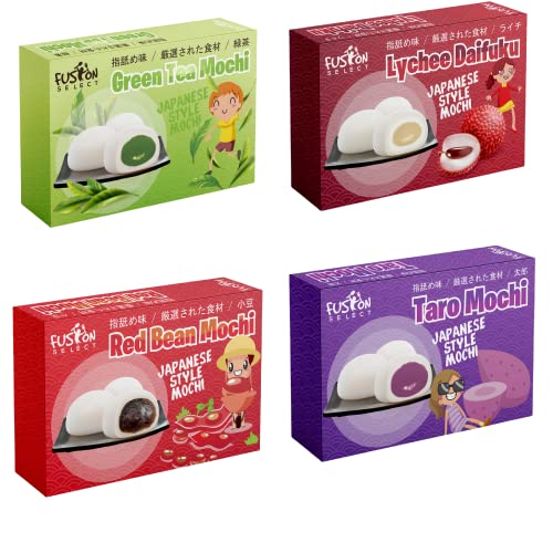 Japanese Mochi Variety Pack: Red Bean, Taro, Green Tea, and Lychee Royal Treats For Families - Packed in Fusion Select Gift Box
