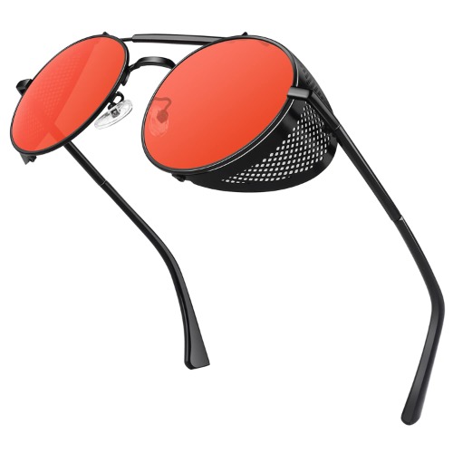 Retro Round Polarized Steampunk Sunglasses Side Shield Goggles Gothic S92-ADVANCED POLARIZED - Black Frame Red Uv400 Lens1 Round 丨Side Shield-Steampunk丨52 Millimeters