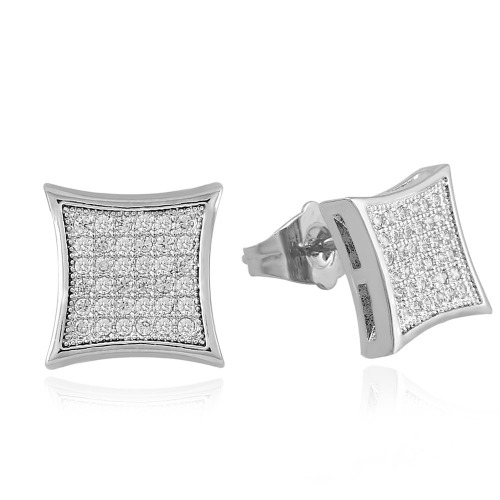 LuReen Gold Silver 11mm Square CZ Stud Earring of Mens Boy aretes para hombre - Silver