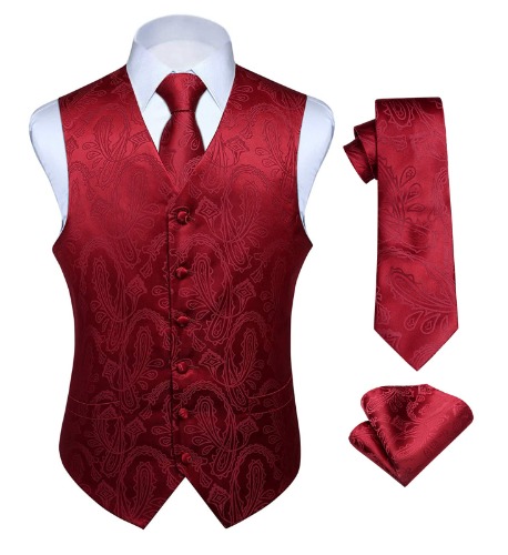 HISDERN Mens Vest Tie Set 3PC Formal Waistcoat Paisley Floral Jacquard Necktie Pocket Square Suit Vests Wedding Party - Large Burgundy