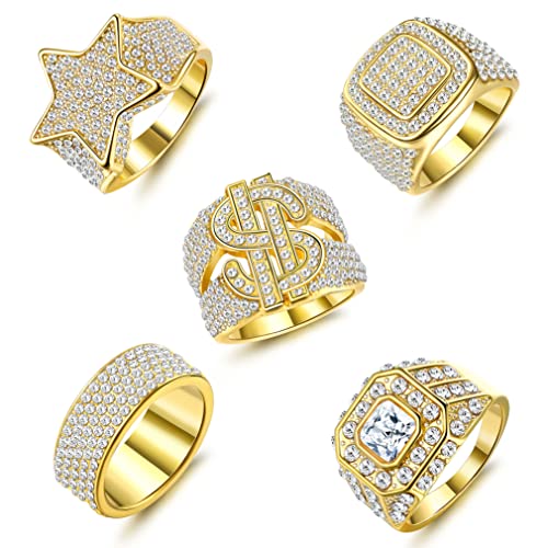 FASACCO 5Pcs 18K Gold Plated Bling Pinky Ring Simulated Diamond Iced Out Ring CZ Punky Rappers Ring Star Dollar Sign Hip Hop Ring for Men - 10