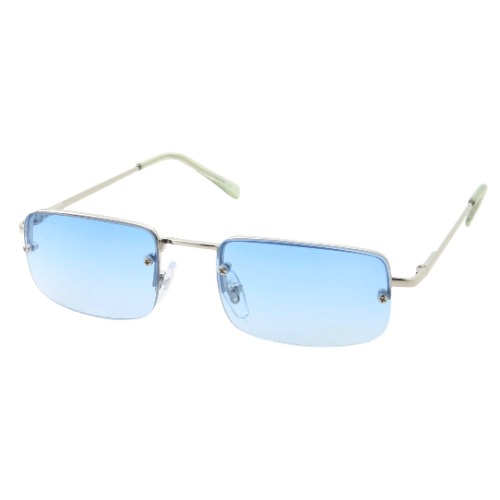 Small Slim 90's Popular Nineties Rectangular Sunglasses Clear Rimless Eyewear - Silver Frame - Blue