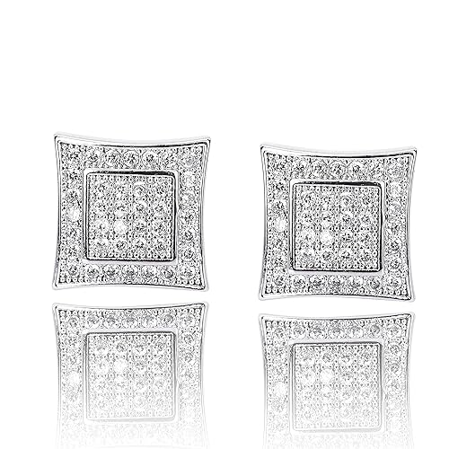 Sterling Silver Square  Stud Earrings 14K Gold 5A+ Cubic Zirconia Iced Out Square Screw Back Hypoallergenic Cube Large Stud Earrings For Men Women - 01 Silver