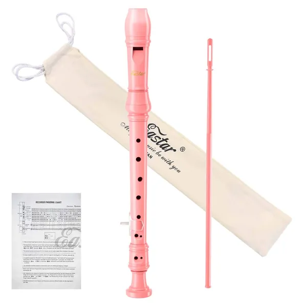 Eastar ERS-21GP ABS Soprano Recorder German Style Key of C, with Thumb Rest + Fingering Chart + Cleaning Rod + Cotton Bag, Pink