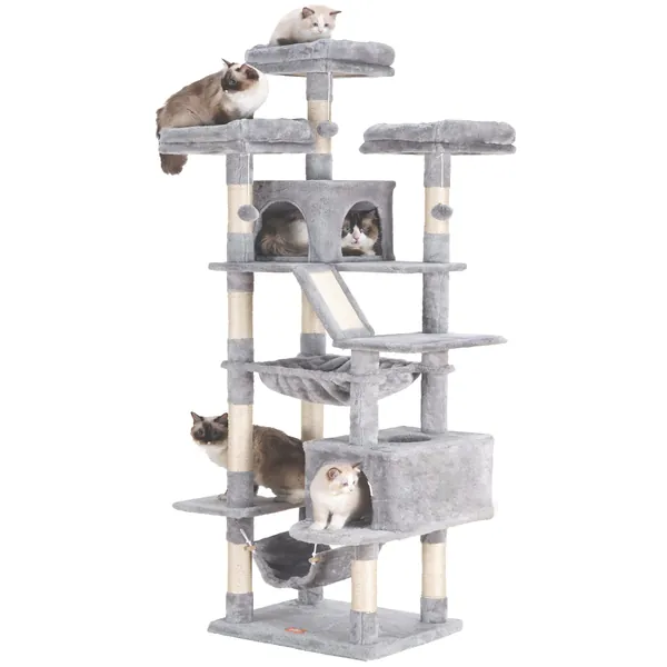 Heybly Cat Tree 73 inches XXL Large Cat Tower for Indoor Cats ,Multi-Level Cat Furniture Condo for Large Cats with Padded Plush Perch, Cozy Basket and Scratching Posts