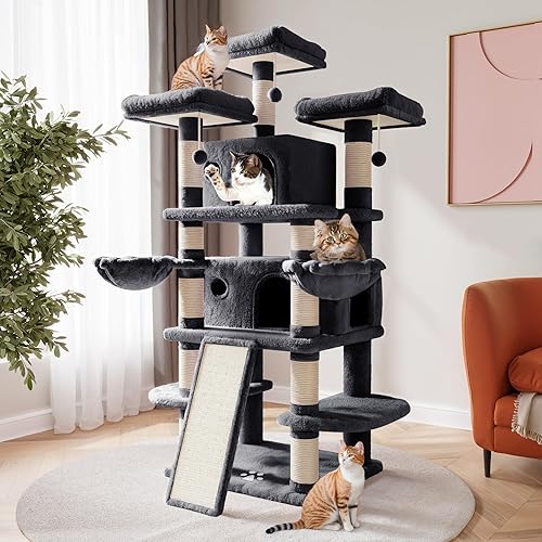 SHA CERLIN 68 Inches Multi-Level Large Cat Tree for Large Cats/Big Cat Tower with Cat Condo/Cozy Plush Cat Perches/Sisal Scratching Posts and Hammocks/Cat Activity Center, Dark Grey - Dark Grey