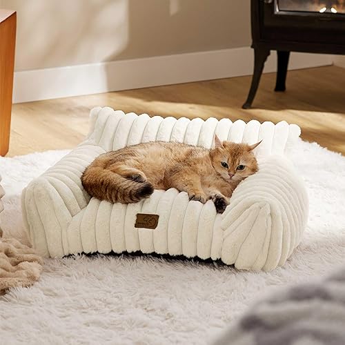 Bedsure Cute Cat Couch for Pets - Fluffy Cat Sofa with Premium Soft Corduroy Fleece, Fuzzy Cat Couch Bed with Removable Washable Cover, Supportive Cat Chair for Indoor Cats, 24inch, Cream - 24x18x10" - Cream