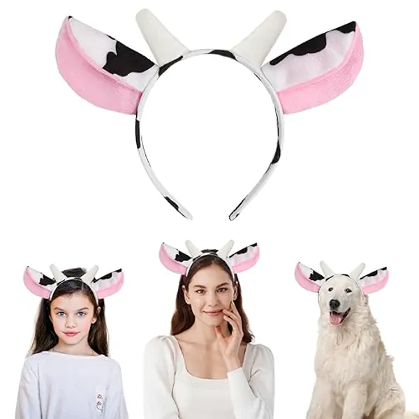 YUXIANLB Cute Cow Ears Headband, Realistic Plush Animals Ears Headwear, Furry Cow Horn and Ears Costume for Cosplay Party Halloween Christmas Costume Dress Hair Accessory for Women Girls