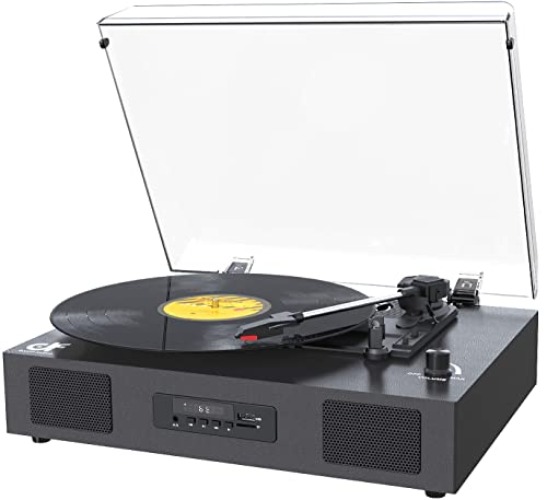 Record Player Bluetooth Turntable with Built-in Speaker, USB Recording Audio Music Vintage Portable Turntable for Vinyl Records 3 Speed, LP Phonograph Record Player, Black - Lychee Black