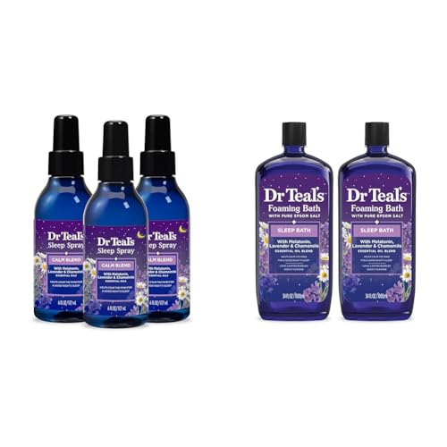 Dr Teal's Sleep Spray with Melatonin & Essential Oil Blend, 6 fl oz & Foaming Bath with Pure Epsom Salt, Sleep Blend with Melatonin, Lavender & Chamomile Essential Oils, 34 fl oz - Spray + Foaming Bath(Pack of 2)