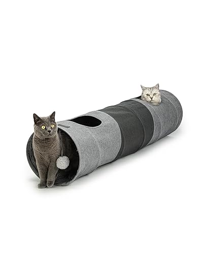 lionto Tunnel pour Chats avec Balle de Jeu, 30x130 cm, Tunnel de Jeu Pliable et Extensible en Faux Lin Facile à Entretenir pour Chats, Jouet Robuste pour Chats, 30 cm - 30x130 cm
