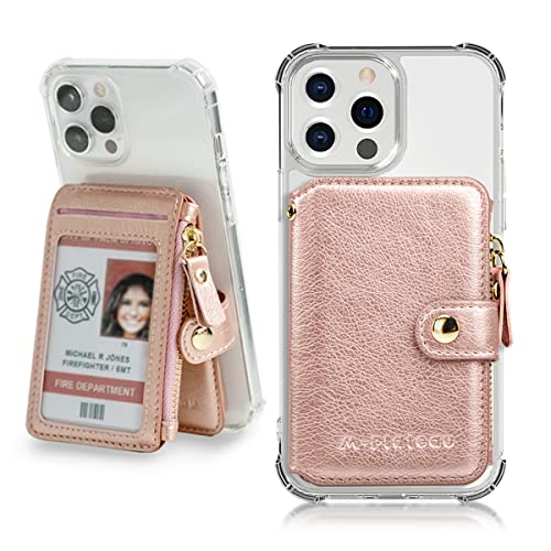 M-Plateau Foldable Phone Wallet，iPhone Card Holder Stick On with Flexible Zipper Coin Purse Multifunctional Kickstand Design, Fits 6.1 and Above Leather or Smooth Surface Phone case - Rose Pink