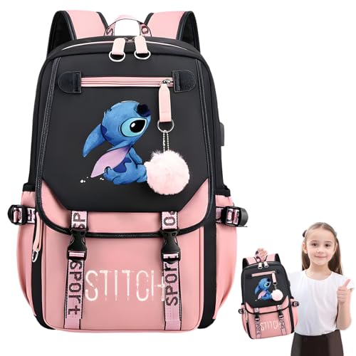 Stit-ch Stuff Anime Cartoon Backpack for Girls and Boys with USB Port, Large Capacity Laptop Travel Backpack, Cosplay Bookbag - Black and Pink