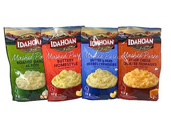 Idahoan Mashed Potatoes Bundle of 4 Variety Pack - Buttery Mashed, Four Cheese Mashed, Butter & Herb Mashed, Roasted Garlic Mashed
