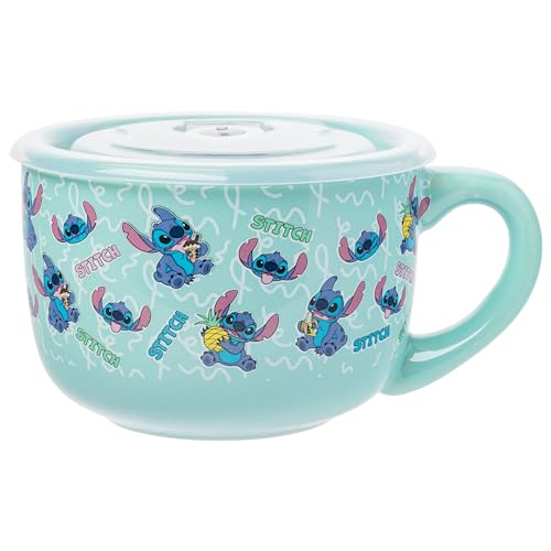 Silver Buffalo Lilo and Stitch Pastel Snack Toss Ceramic Soup Mug with Vented Plastic Lid, 24 Ounces