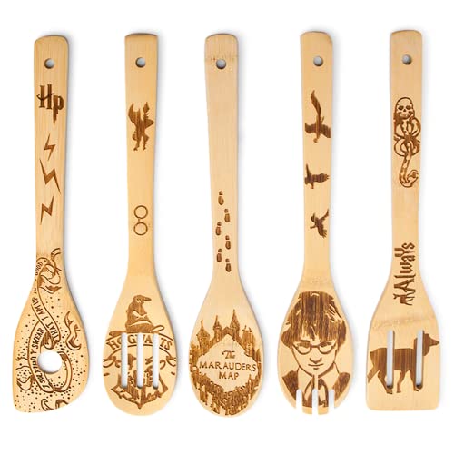 5 Pcs Wooden Spoons for Cooking - Harry Potter Engraved Kitchen Utensils Accessories Set, Bamboo Cooking Stuff for Kitchen Decor - Perfect Cooking Gifts for Friends - HP Spoons