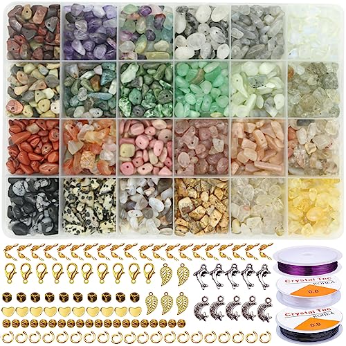 Potosala 24 Colors Natural Gemstone Chip Beads Irregular Crushed Crystal Pieces 5-7mm Stone Bead Drilled Beads for Balance Jewelry Making Life Tree (Style 2) - style 2
