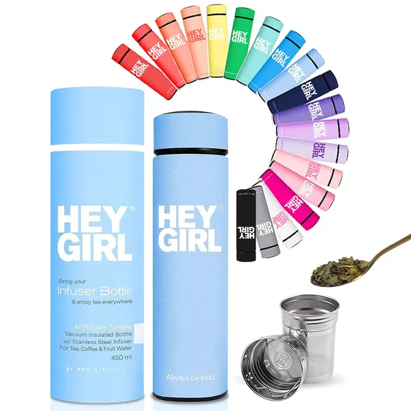 Hey Girl Tea Infuser Bottle 450ml - Insulated Stainless Steel Water Bottle - Thermos Tea Tumbler with Tea Diffuser - Portable Travel Mug for Loose Leaf Tea & Infused Water - Tea Lovers Gifts for Women