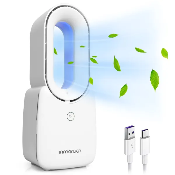 CONBOLA Desk Fan, 11.8 Inch Bladeless Fan Small Table Fan, with Touch Control 5-Colors Decorative LED Light for Office Bedroom（White）