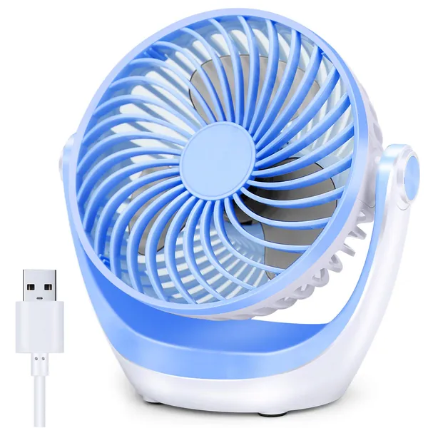 Aluan USB Desk Fan Small Table Fan with Strong Airflow Ultra Quiet Portable Fan Speed Adjustable Head 360°Rotatable Mini Personal Fan for Home Office Bedroom Table and Desktop, Blue