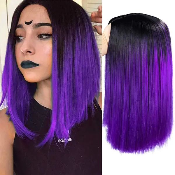 HANNE Ombre Black to Purple Bob Wig Shoulder Length Bob Hair Short Straight Bob Wigs for Women Short Straight Hair Purple Bob Raven Cosplay Wig (Ombre Purple) - 1 Ombre Purple