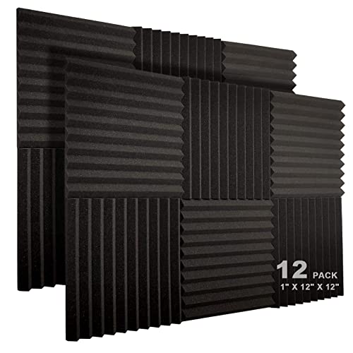 JBER 12 Pack Acoustic Foam Panels, 1" X 12" X 12" Studio Soundproofing Wedges Fire Resistant Sound Proof Padding Acoustic Treatment Foam (Black) - 12 Pack - Black