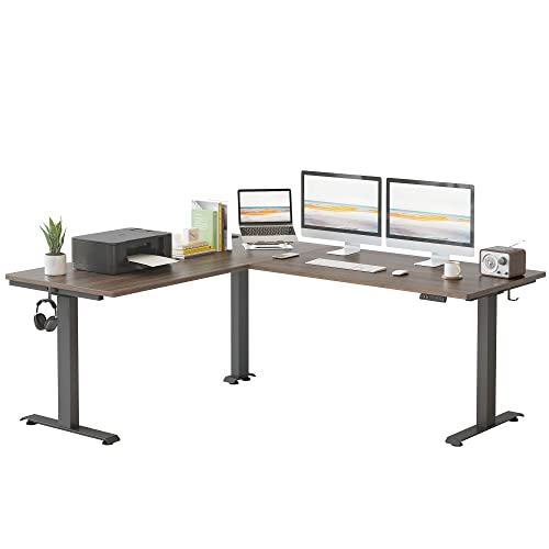 FEZIBO Triple Motor L-Shaped Electric Standing Desk, 75 Inches Height Adjustable Stand up Corner Desk, Sit Stand Workstation with Splice Board, Black Frame/Black Walnut Top - 75 Inch - Black Walnut