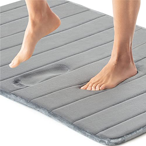 Gorilla Grip Thick Striped Memory Foam Bath Rugs, Soft Absorbent Velvet Bathroom Mats, Dots on Underside, Machine Washable Bathmat, Carpet Rug Room Décor for Shower Floor, 24x17 Mat, Gray - 24" x 17" - Gray Stripe