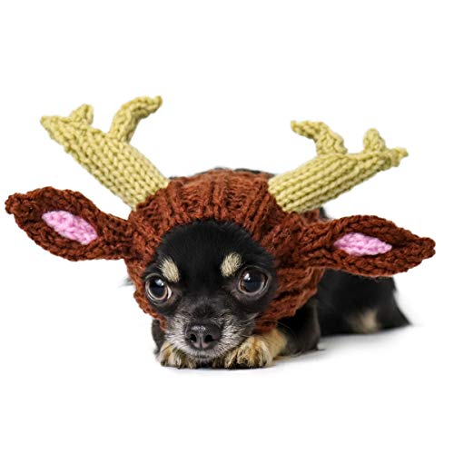 Zoo Snoods Reindeer Costume for Dogs & Cats, Small - Warm No Flap Ear Wrap Hood for Pets, Dog Outfit for Winters, Halloween, Christmas & New Year, Soft Yarn Ear Covers - Deer Antlers - Small - 1