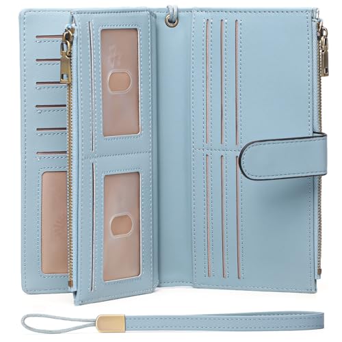 GOIACII Womens Wallets Large Capacity Credit Card Holder Rfid Wallet Women Double Zipper Pocket Leather Bifold Ladies Wristlet Clutch Wallet - C04-Blue