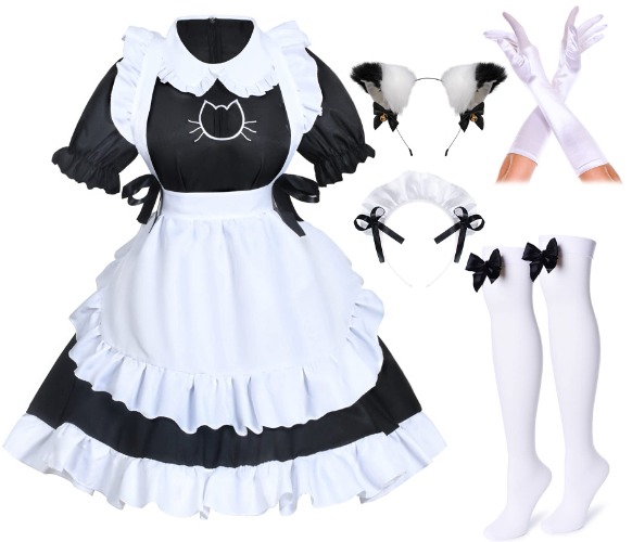 Anime French Cat Maid Apron Fancy Dress Cosplay Costume Headwear Gloves Socks Set - Medium Black