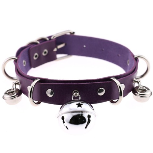 FM FM42 Multicolor PU Simulated Leather Black-tone Silver-tone 4cm Large Bell Rivets Neckband Choker Necklace - Silver-tone Bell & Purple