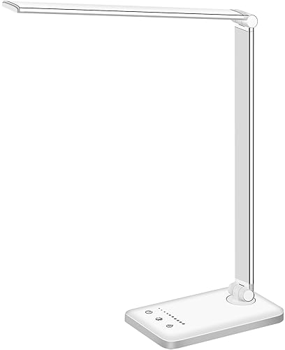 White crown LED Desk Lamp Dimmable Table Lamp Reading Lamp with USB Charging Port, 5 Lighting Modes, Sensitive Control, 30/60 Minutes Timer (White, First-Generation) - Silver - first-generation