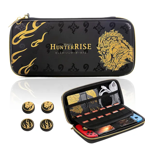 ELESKY Carrying Case for Nintendo Switch, Monster Hunter Rise Hard Shell Protector Cover with 12 Games Card Slots & 4pcs Thumb Grip Cap, Portable Travel Pouch Bag for NS Console and Accessories - 2-in-1