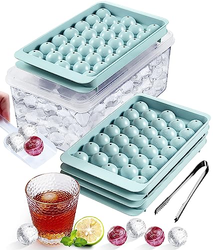 DclobTop Stackable Round Ice Cube Tray Set with Lid & Bin – Create 99PCS Round Ice Balls, Ice Trays for Freezer is Easy to Release & Sturdy– Small Pellet Ice Maker for Drinks, Coffee and Cocktails - Blue